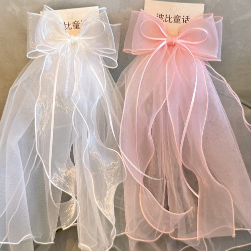 新款蕾丝仙气白色蝴蝶结儿童头纱女童披纱公主后脑勺发饰女孩头饰