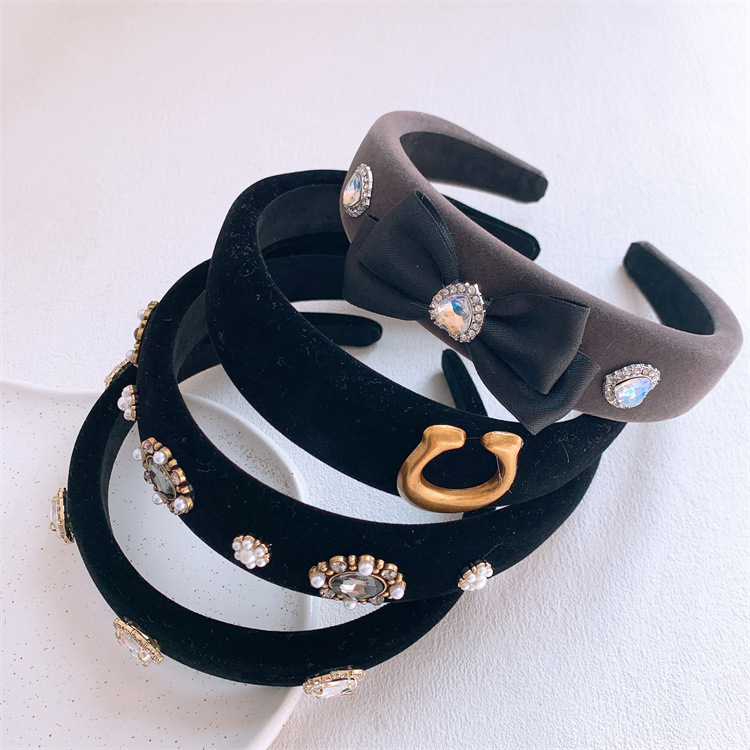 黑色系珍珠闪钻蝴蝶结高颅顶发箍女高级感压发头箍洗脸外出发卡