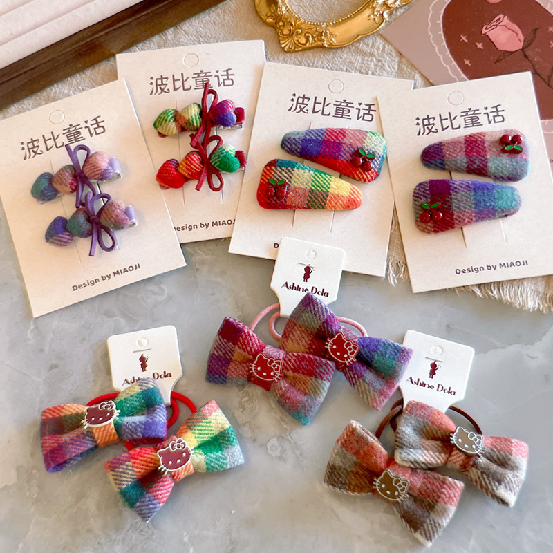 秋冬英伦风格子蝴蝶结KT猫儿童发夹发圈刘海BB对夹发饰头饰品超美