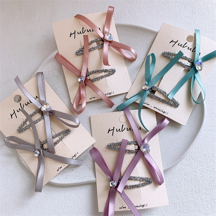 新款儿童爱心钻丝带蝴蝶结发夹甜美女童侧边刘海碎发BB夹发卡头饰