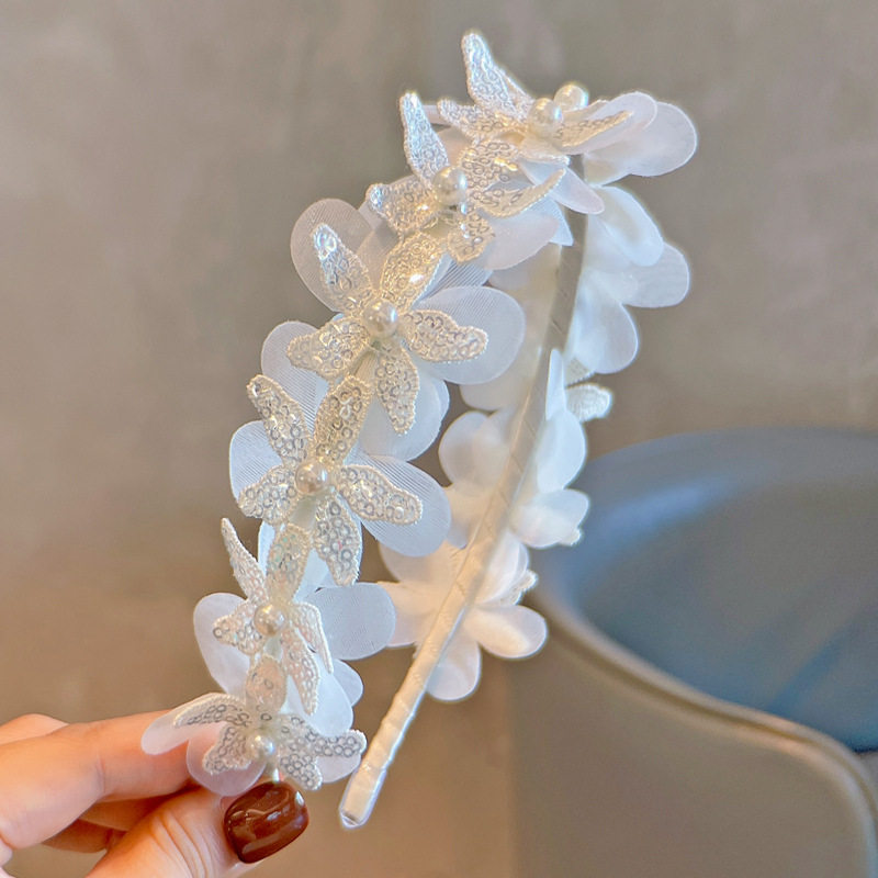 韩系仙女风亮片白色花朵女童发箍钉珠花朵宝宝儿童礼服头饰发饰品