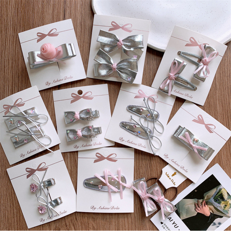 新款银色系儿童皮质蝴蝶结发夹女童刘海碎发BB夹宝宝对装侧边发卡