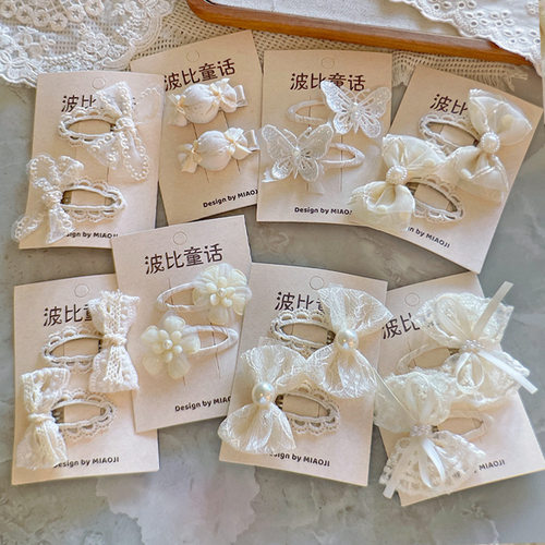 工厂店韩系新款米色系蕾丝BB夹珍珠蝴蝶结发夹气质仙女头饰发饰品