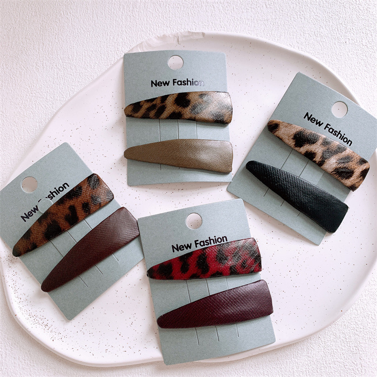 秋冬新款豹纹皮质三角发夹复古碎发BB夹简约刘海夹侧边夹发卡头饰