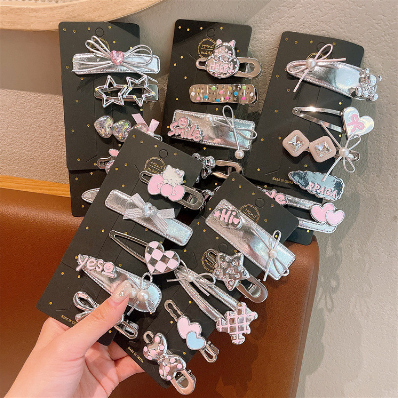 儿童银色蝴蝶结爱心卡通发夹女童碎发BB夹侧边刘海夹发卡头饰套装