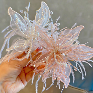 超仙手工串珠羽毛大花朵边夹高级感网红气质舞台演出发卡儿童发饰