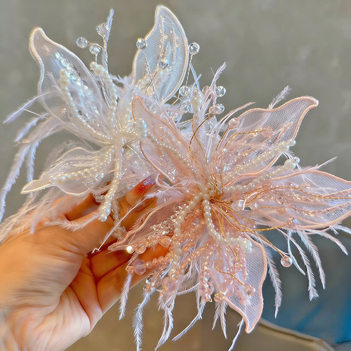 超仙手工串珠羽毛大花朵边夹高级感网红气质舞台演出发卡儿童发饰