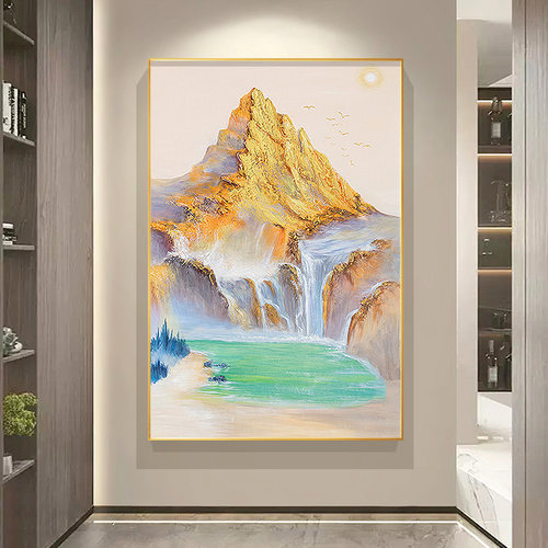 日照金山手绘油画聚宝盆入户玄关装饰画寓意好现代走廊尽头挂壁画