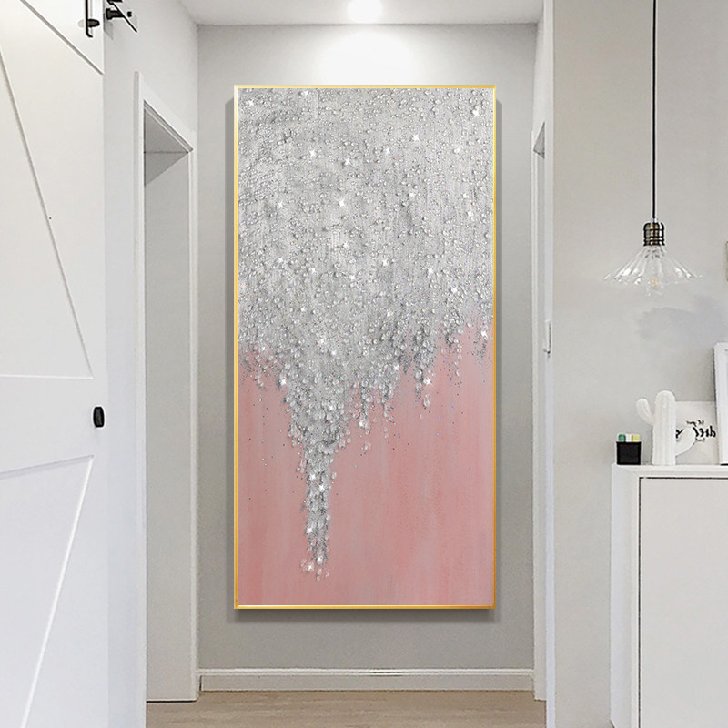 水晶实物粉色纯手绘油画客厅玄关装饰竖挂画轻奢北欧走廊尽头抽象
