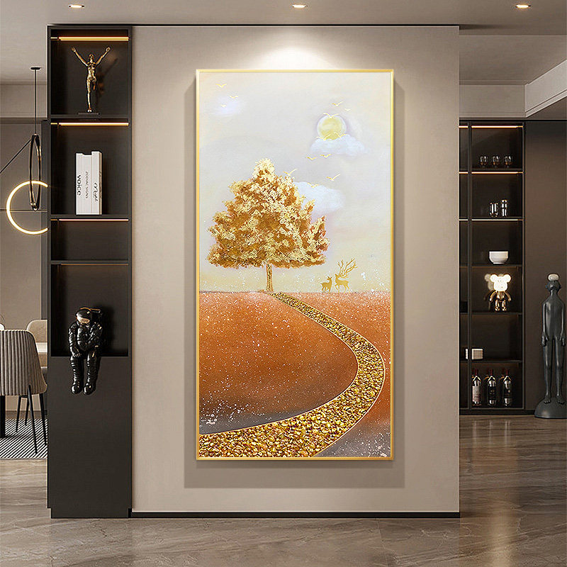 金箔发财树入户玄关装饰画竖版