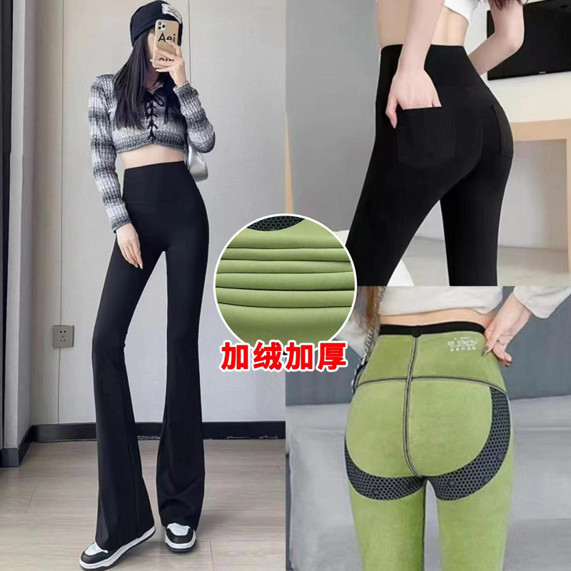 秋冬加绒加厚高腰弹力微喇鲨鱼裤