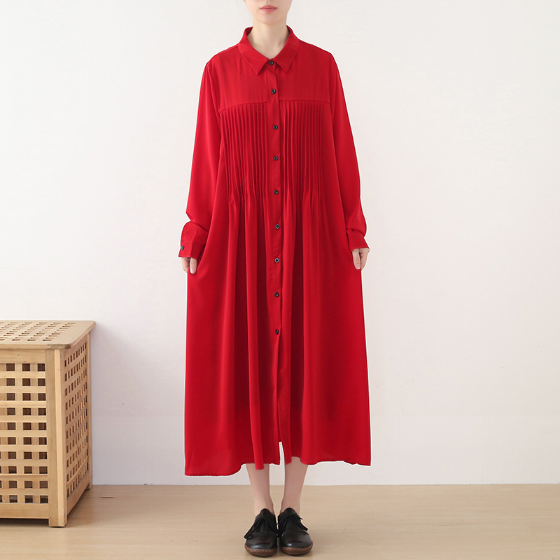 2023秋新年衣服女红色连衣裙长袖中长款大码衬衫裙本命年喜庆秋装