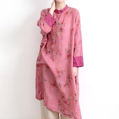 口拼色长裙 风复古民族风印花连衣裙女改良旗袍袖 春夏季 苎麻中式