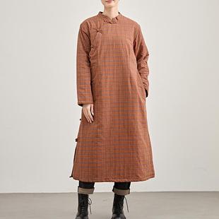 秋冬季复古文艺彩色格子夹棉旗袍连衣裙女立领盘扣侧开襟绗棉袍子