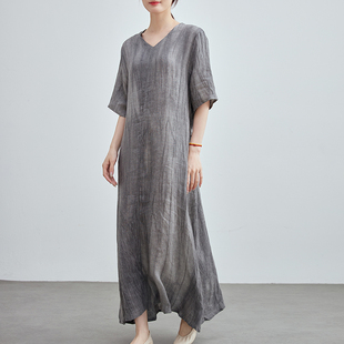 原创文艺复古纯麻连衣裙解构不规则怀旧长袍子宽松佛系超仙长裙夏