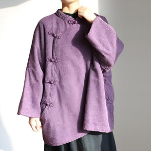秋冬季新款新中式斜襟复古宽松棉麻夹棉棉服禅意佛系茶服盘扣棉衣