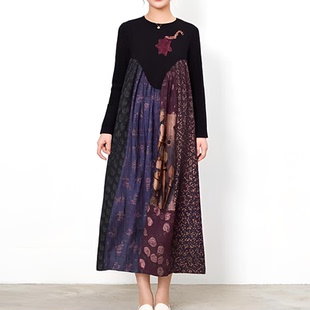 春秋季新中式复古拼接印花连衣裙女长袖修身显瘦打底裙文艺长裙