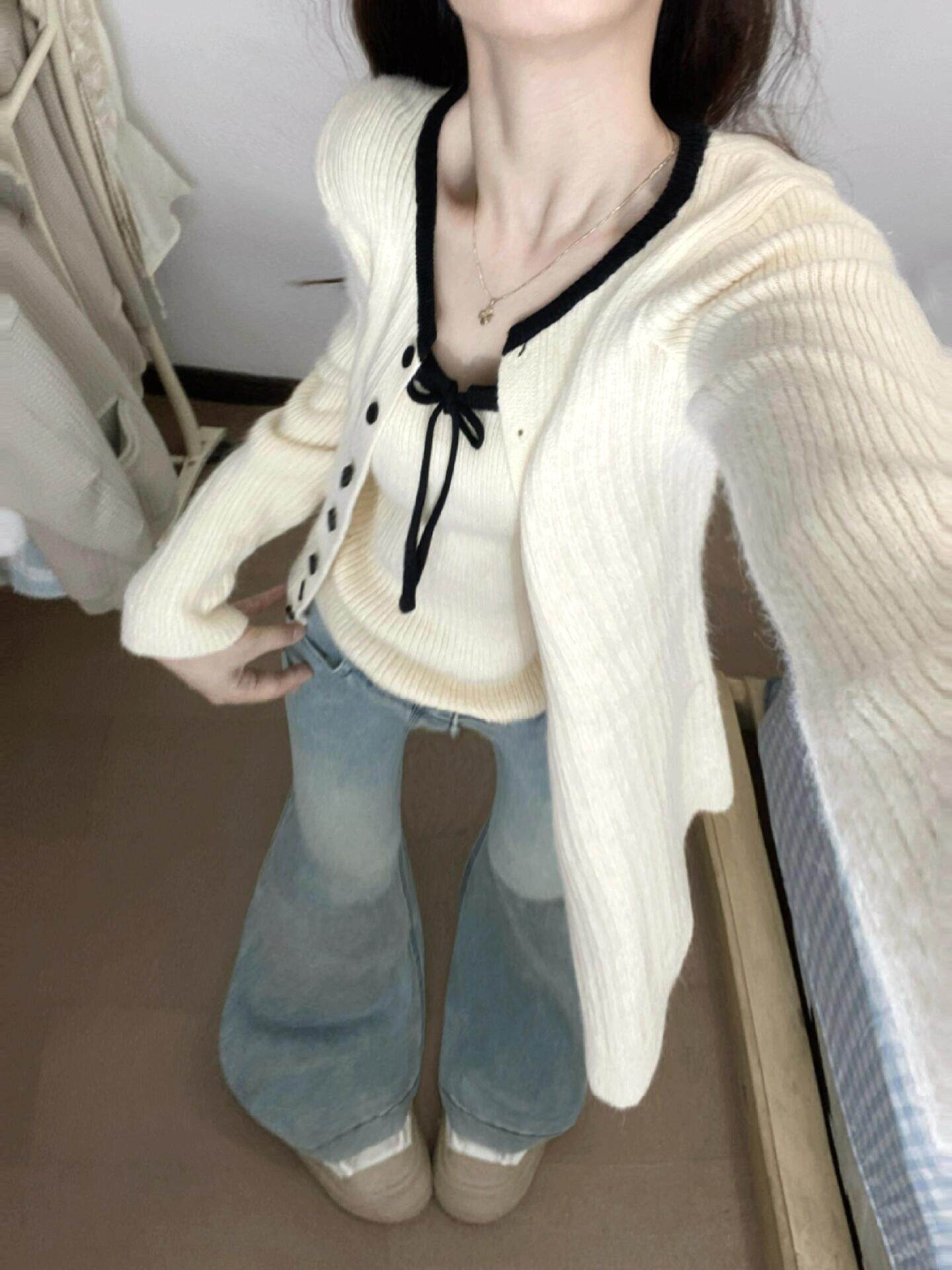 2 piece knitted cardigan with camisole sweater set - Taobao product photo 4