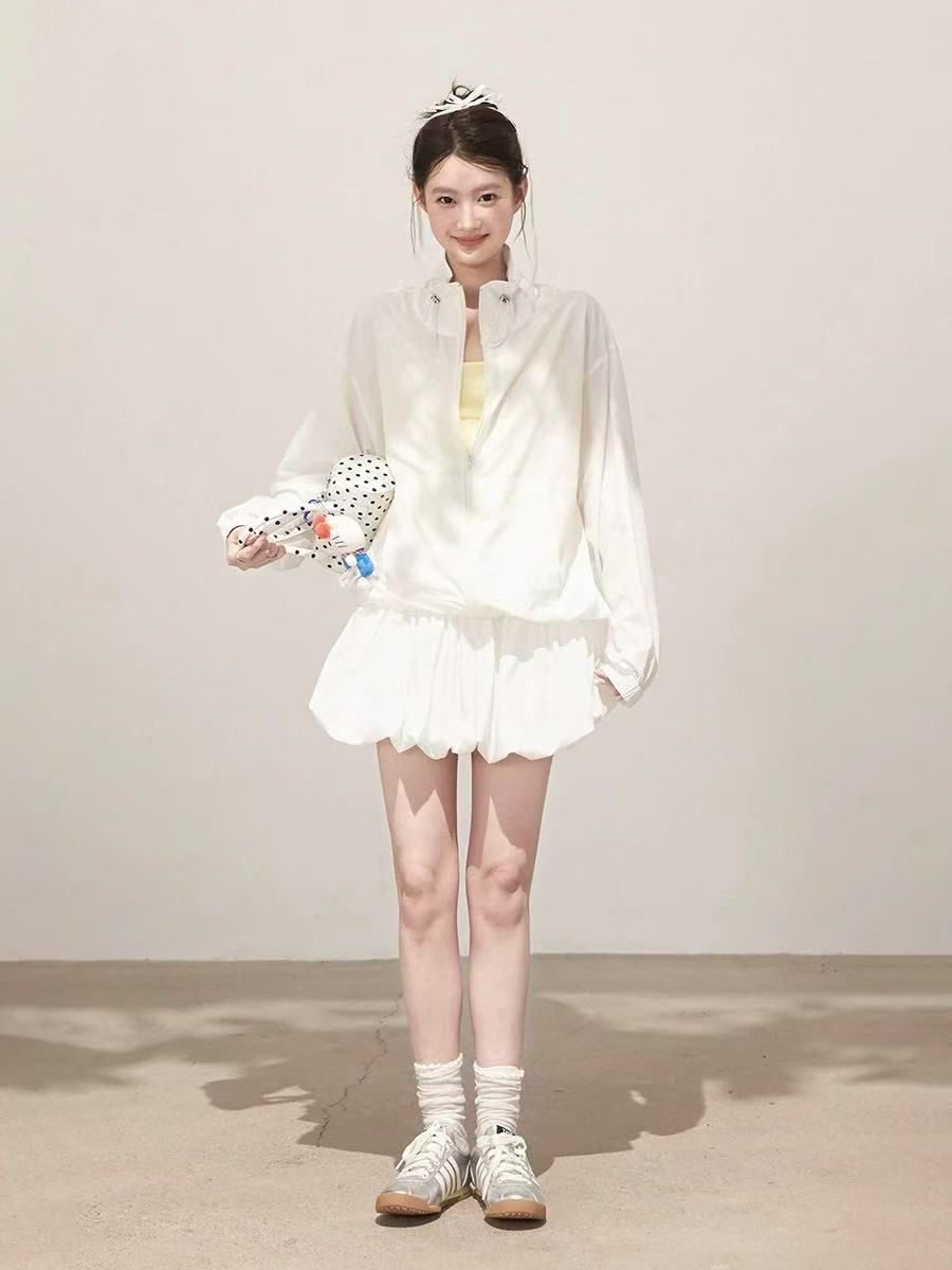 韩系简约百搭白色花苞裙女优雅舒适百搭高级感长袖防晒上衣套装