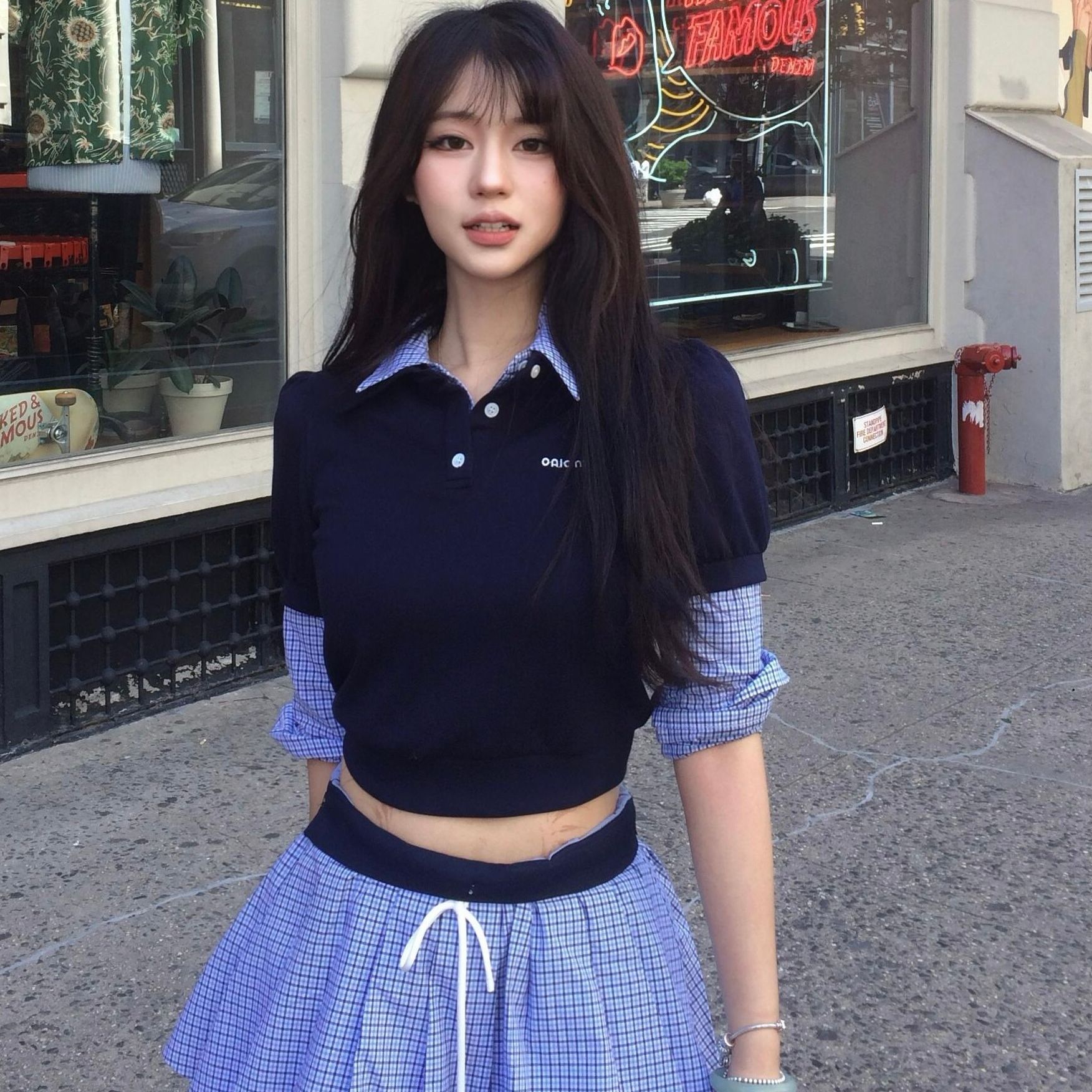 韩系复古假两件格纹拼接翻领上衣