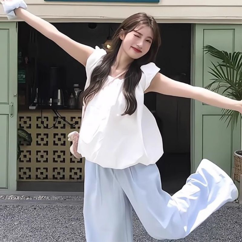 韩系简约百搭休闲运动套装女夏季新款无袖衬衫阔腿裤减龄两件套