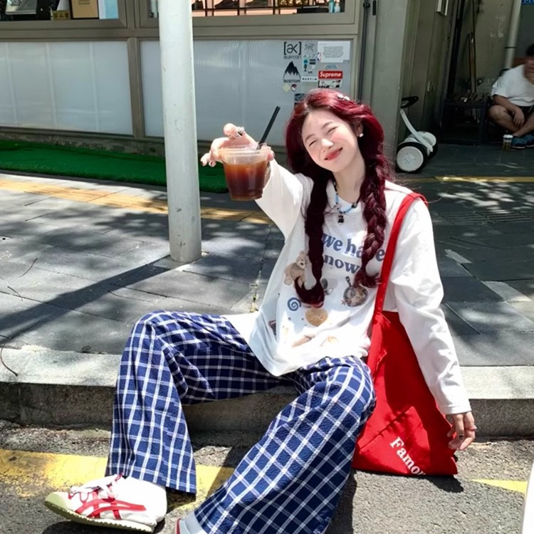 韩系简约百搭白色上衣女小熊印花长袖格子长裤两件套休闲运动套装