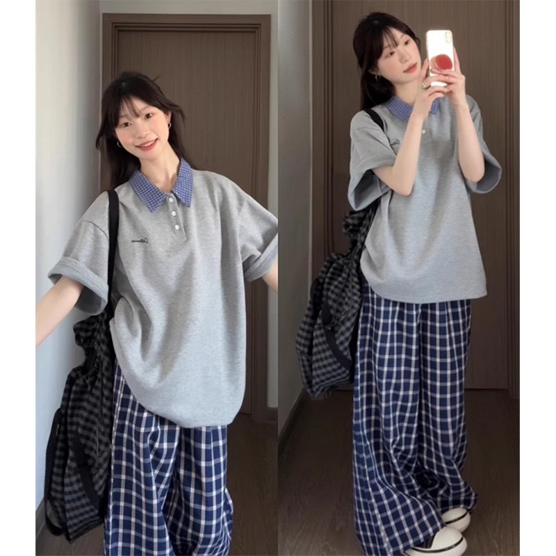 韩系学院风休闲运动套装女夏季新款宽松polo短袖上衣半身裙套装