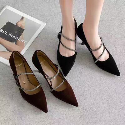 一代佳人26A3232金丝绒咖色细跟单鞋浅口舒适不累脚气质百搭6公分