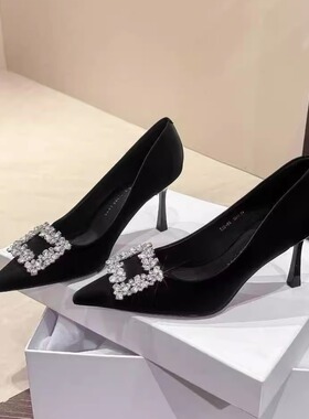 528-69方扣水钻尖头浅口舒适气质百搭时尚单鞋夏季新款高跟鞋7cm