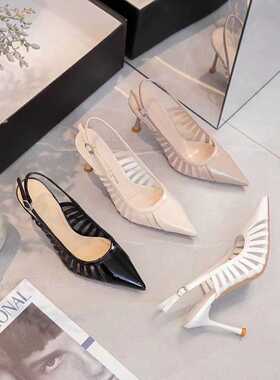 钎金鸟3327-8新款时尚镂空尖头时装凉鞋细跟浅口后空绑带扣 8公分