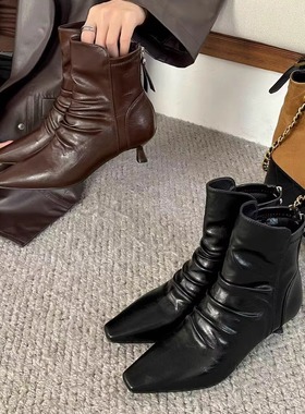 25163法式褶皱时装靴细跟新款堆堆高跟靴瘦瘦靴舒适百搭软皮靴