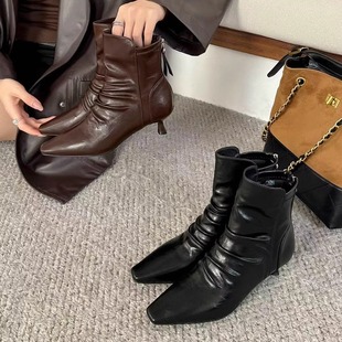 25163法式褶皱时装靴细跟新款堆堆高跟靴瘦瘦靴舒适百搭软皮靴