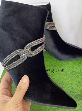 简莎图25815金丝绒水钻尖头细跟短靴秋冬新款气质百搭舒适6公分