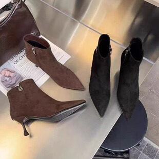 5512-1秋冬新款绒面复古短靴细跟尖头女靴侧拉链舒适百搭时装靴