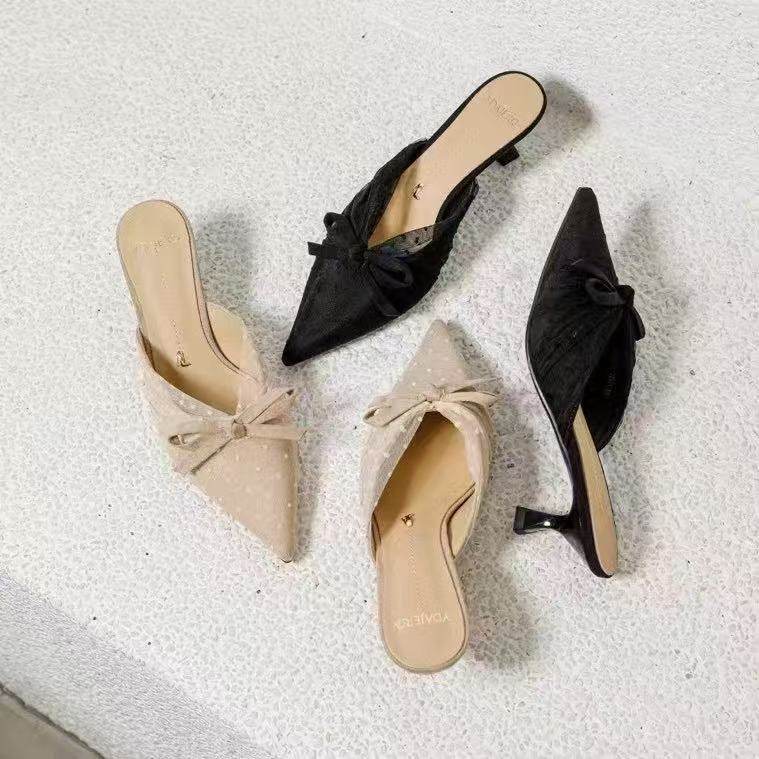 一代佳人26S2162时尚网纱蝴蝶结镂空包头半托气质舒适百搭小猫跟,女鞋,浅口单鞋,淘宝优惠券,粉丝福利购,淘宝优惠卷