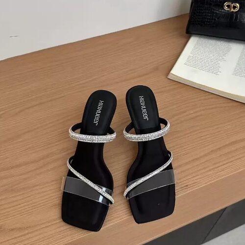 701-21韩版水钻一字拖鞋女方头露趾黑色凉拖鞋夏季绝美中跟6.5cm