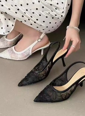 25062时尚包头后空性感蕾丝气质高跟鞋2025舒适百搭凉鞋