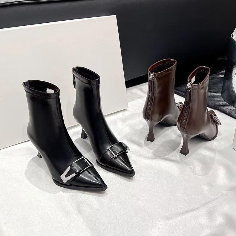 0316小众设计皮带扣弹力加绒短靴时尚气质欧美风百搭时装靴7公分