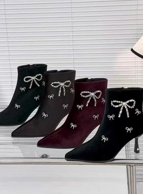 简莎图25815-7金丝绒水钻尖头细跟短靴秋冬新款气质百搭舒适6公分