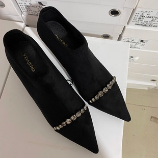 一代佳人26G3522羊京绒细跟裸靴水钻条舒适气质不累脚短靴6公分