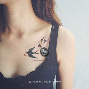 双飞燕子锁骨纹身贴女持久防水飞鸟燕子纹身贴男女 相伴 玩味