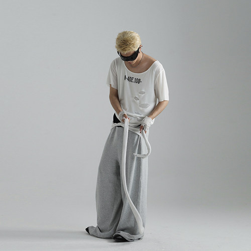 JohariWindow 做旧破洞印花假两件T恤