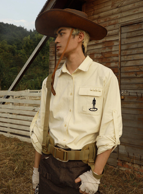 JohariWindow 秋冬巴恩风米色复古牛仔户外长袖外套工装刺绣衬衣