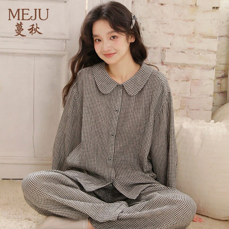 蔓秋MEJU 女长袖长裤睡衣纯棉双层纱布开衫娃娃领家居服简约森系