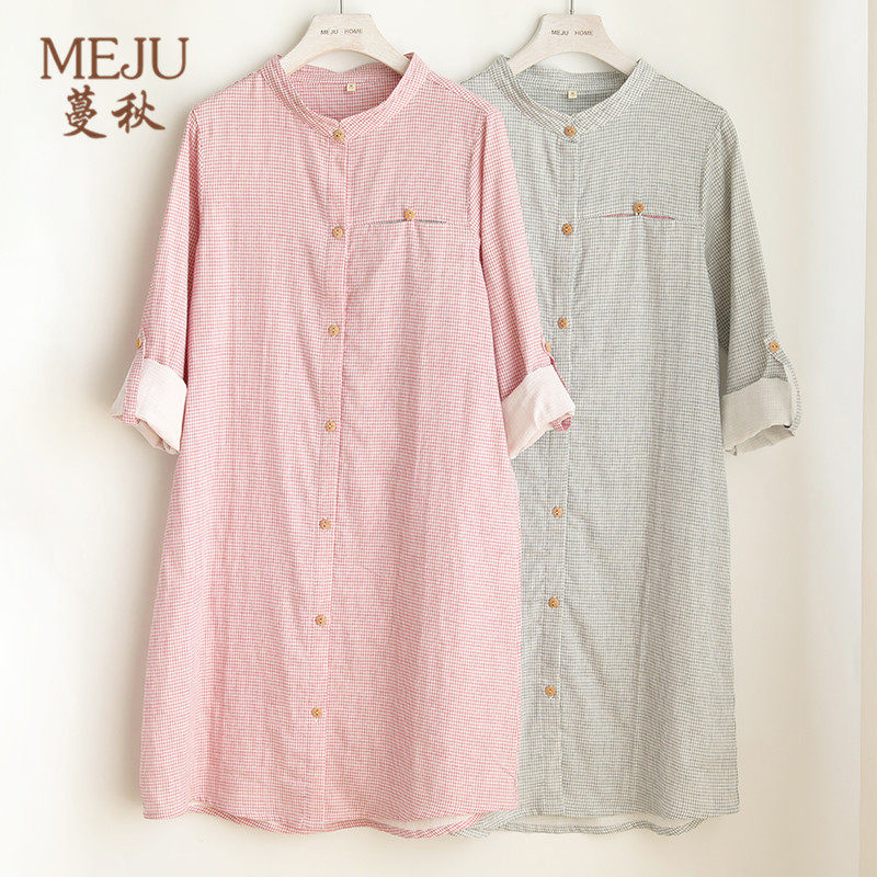 3蔓秋meju日系圆领长袖睡裙 纯棉纱布格子裙子睡衣可外穿甜美家居