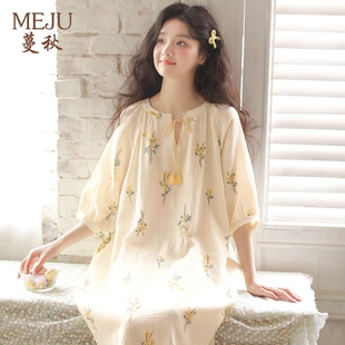 蔓秋MEJU七分袖圆领睡裙纯棉纱布带胸垫宽松裙子睡衣裙甜美清新薄
