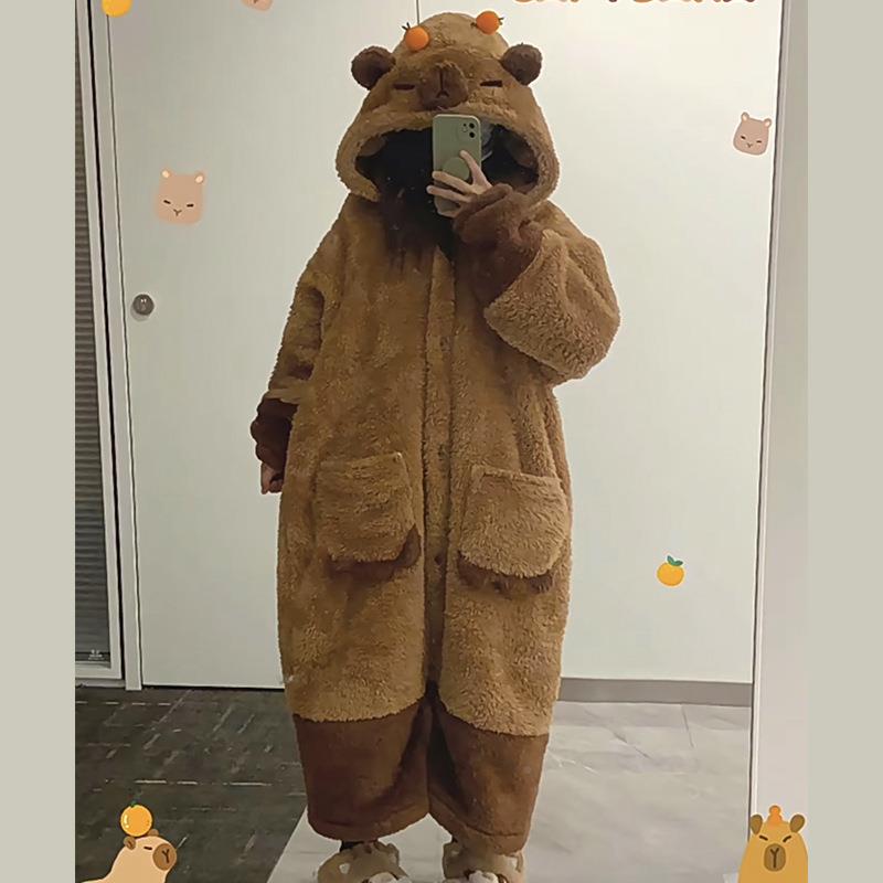 瑚WRQ卡皮巴拉睡衣女冬季珊绒厚加加绒冬天睡袍长款法兰绒家浴袍