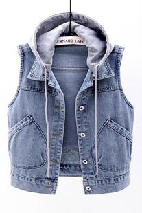 短外套潮 休闲小个子百搭无袖 外贸牛货出口断码 连帽牛仔马甲女韩版