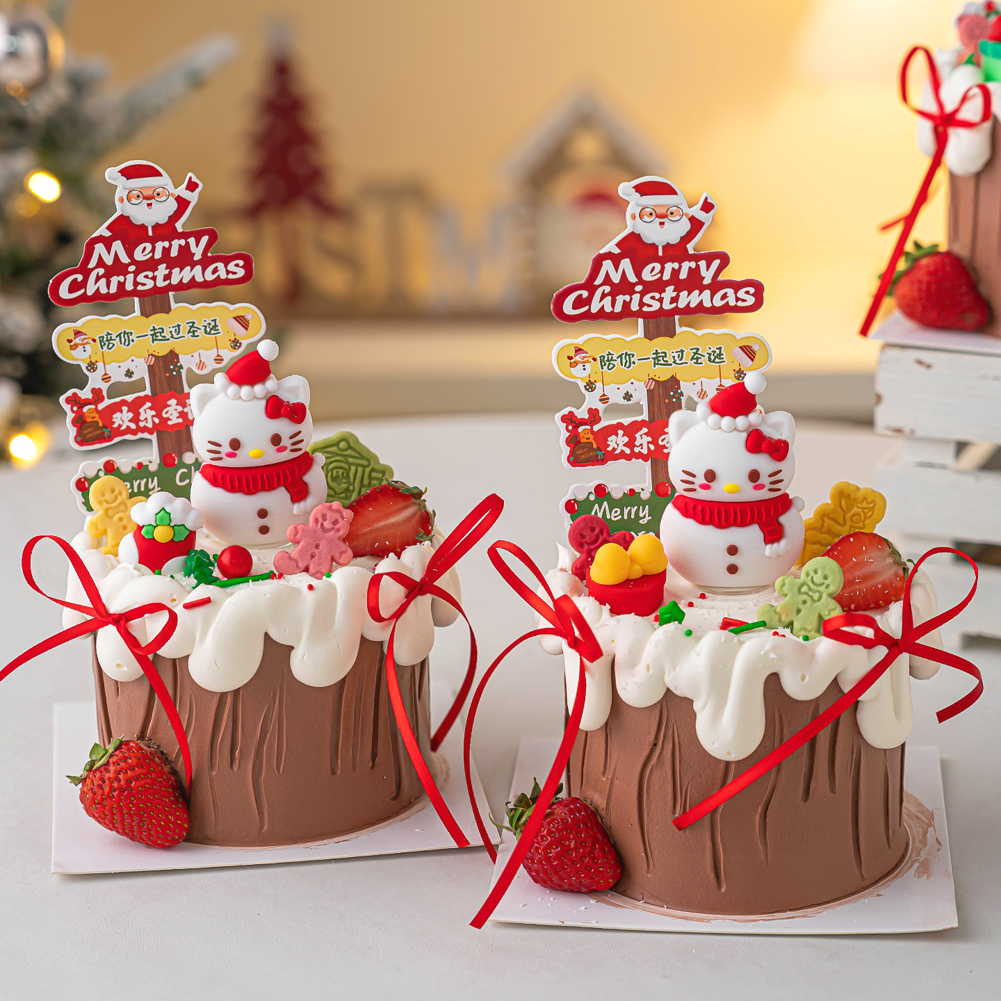 2026陪你一起过圣诞路牌蛋糕装饰圣诞节快乐卡通围巾KT小猫摆插件