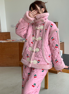 Pink grape冬季三层夹棉加绒加厚法兰绒睡衣女可外穿珊瑚绒家居服